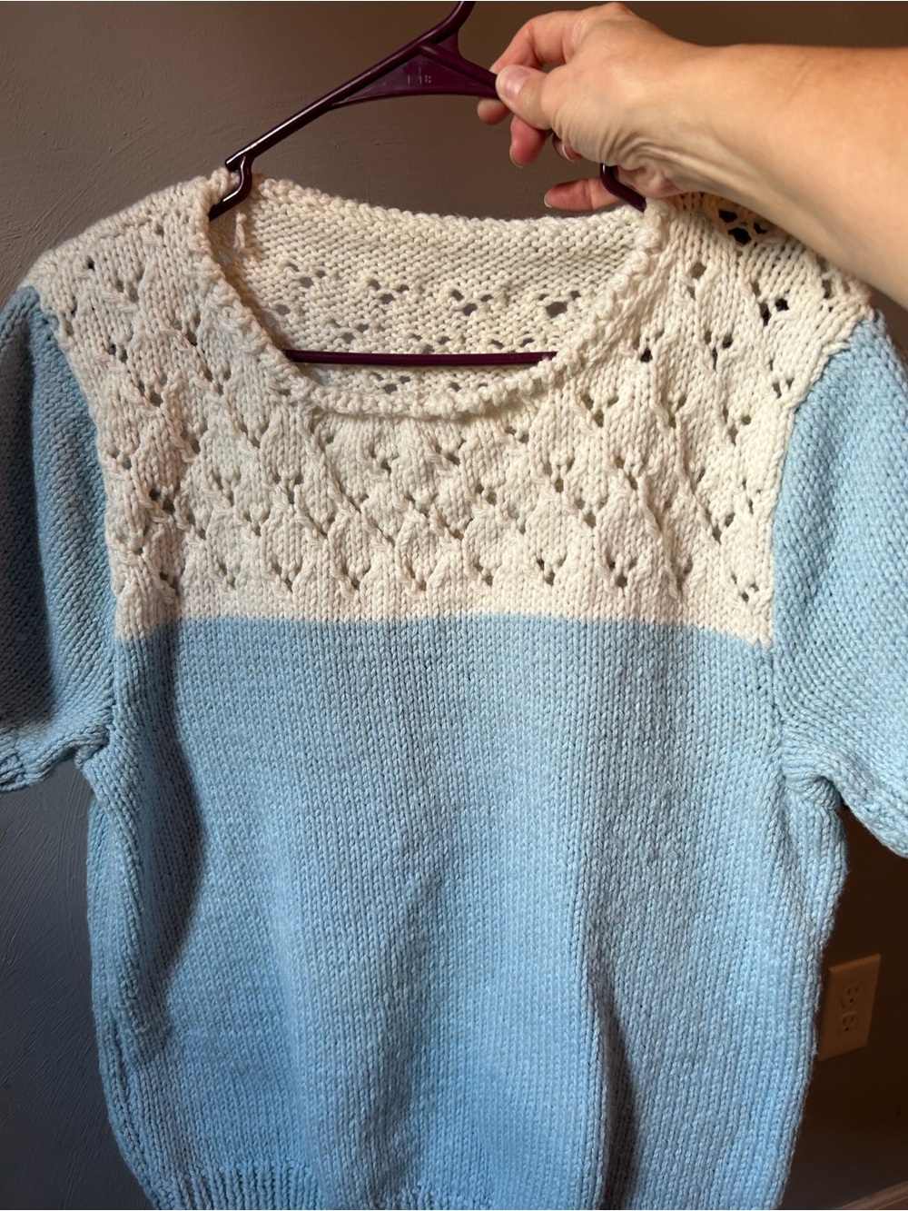 Vintage Handmade Baby Blue & Cream Knit Sweater for Women